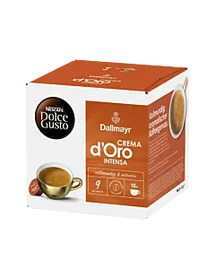 Dallmayr Crema d'Oro Intensa package and capsule for Dolce Gusto